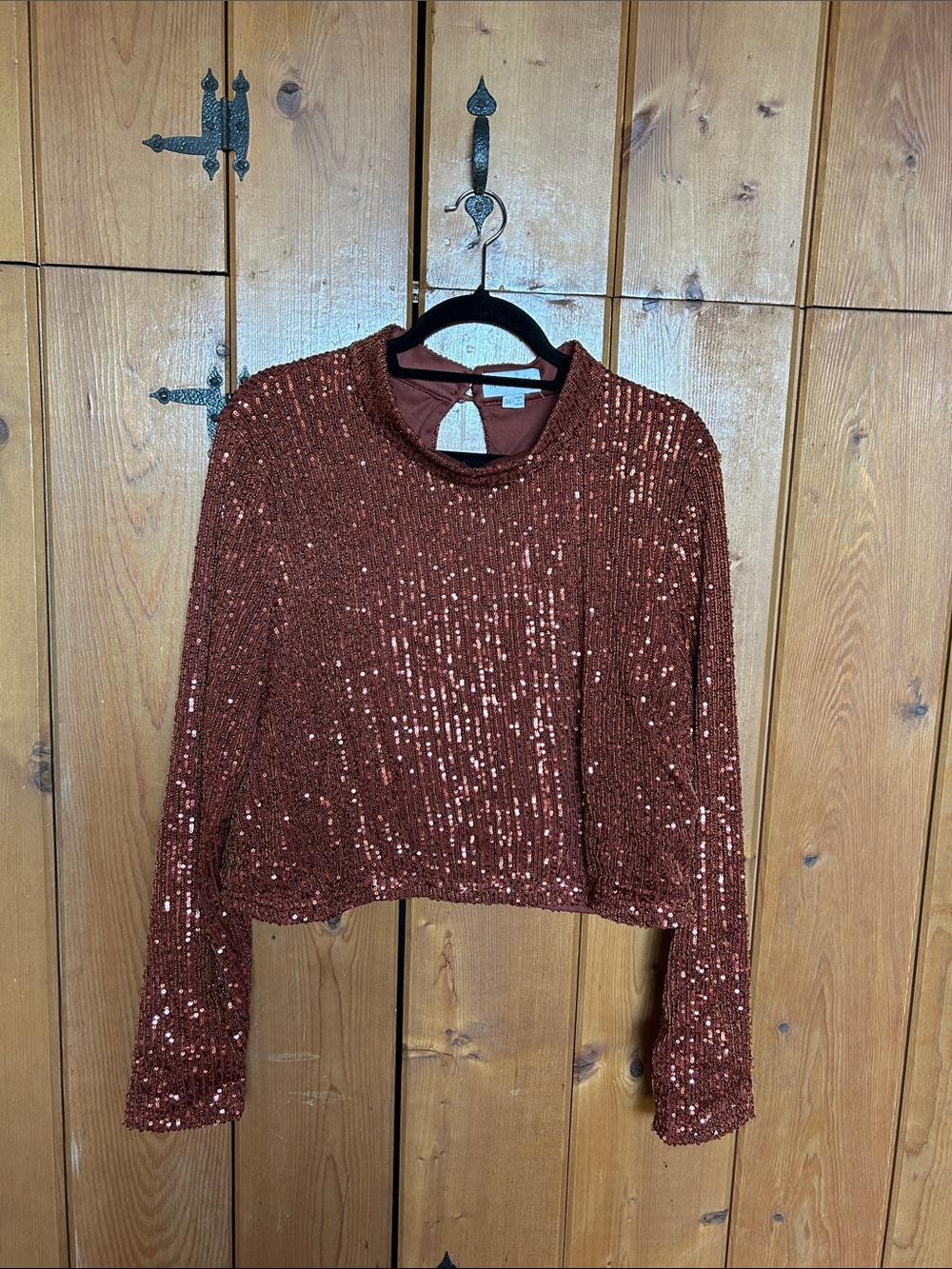 Sequin Cropped Long-Sleeve Top - Copper